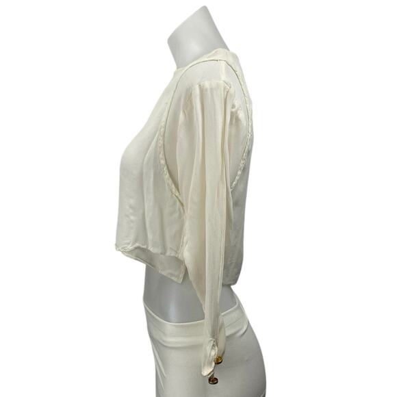 Dorothy Schoelen Cream Long Sleeve Boxy V Neck Pullover Crop Blouse Top Size XXS - Picture 2 of 4